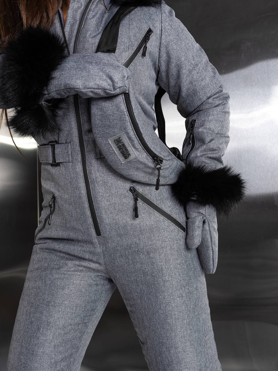 Gray Herringbone Women And Kids Ski Jumpsuit with Bag Mittens and Suspenders Insulated Winter Snow Suit