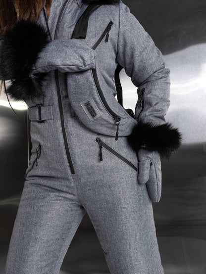 Gray Herringbone Women And Kids Ski Jumpsuit with Bag Mittens and Suspenders Insulated Winter Snow Suit