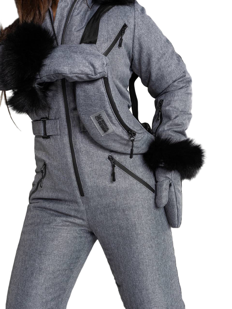 Gray Herringbone Women And Kids Ski Jumpsuit with Bag Mittens and Suspenders Insulated Winter Snow Suit