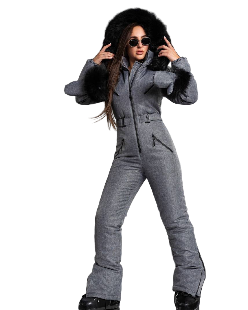 Gray Herringbone Women And Kids Ski Jumpsuit with Bag Mittens and Suspenders Insulated Winter Snow Suit