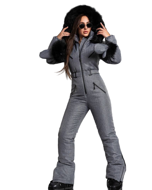 Gray Herringbone Women And Kids Ski Jumpsuit with Bag Mittens and Suspenders Insulated Winter Snow Suit
