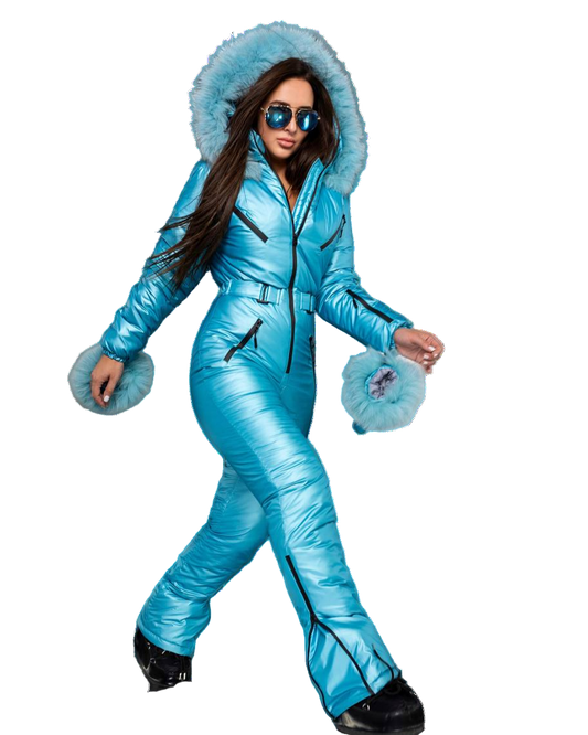 Woman wearing a blue snowsuit with fur-lined hood and cuffs on a white background