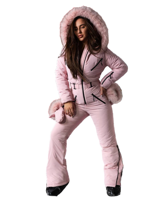 Person wearing a pink snowsuit with fur trim on a white background