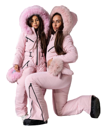 Pink Women And Kids Ski Jumpsuit with Belt Mittens and Bag Insulated Winter Snow Suit