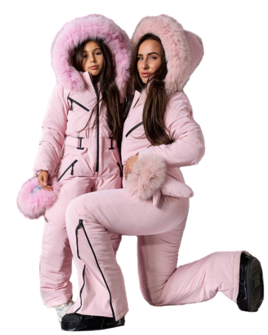 Pink Women And Kids Ski Jumpsuit with Belt Mittens and Bag Insulated Winter Snow Suit