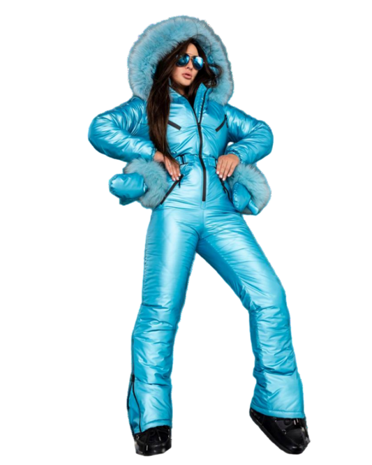 Turquoise Teal Womens Ski Jumpsuit with Belt Mittens and Bag Insulated Winter Snow Suit