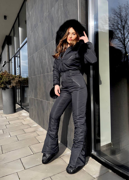 Black Women And Kids Ski Jumpsuit with Belt Mittens and Bag Insulated Winter Snow Suit