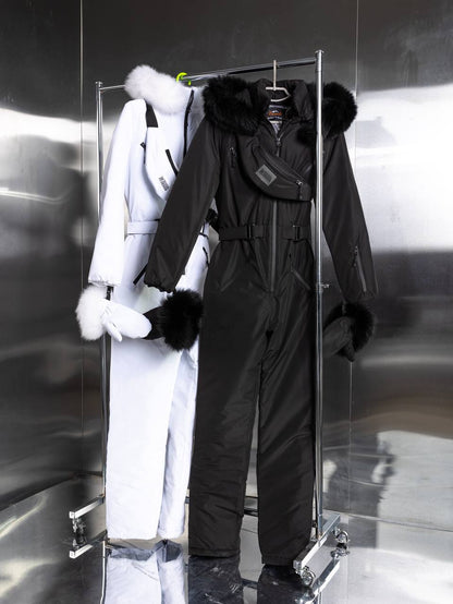 Black Women And Kids Ski Jumpsuit with Belt Mittens and Bag Insulated Winter Snow Suit