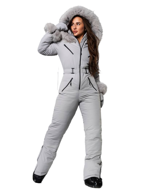 Gray Women And Kids Ski Jumpsuit with Belt Mittens and Bag Insulated Winter Snow Suit