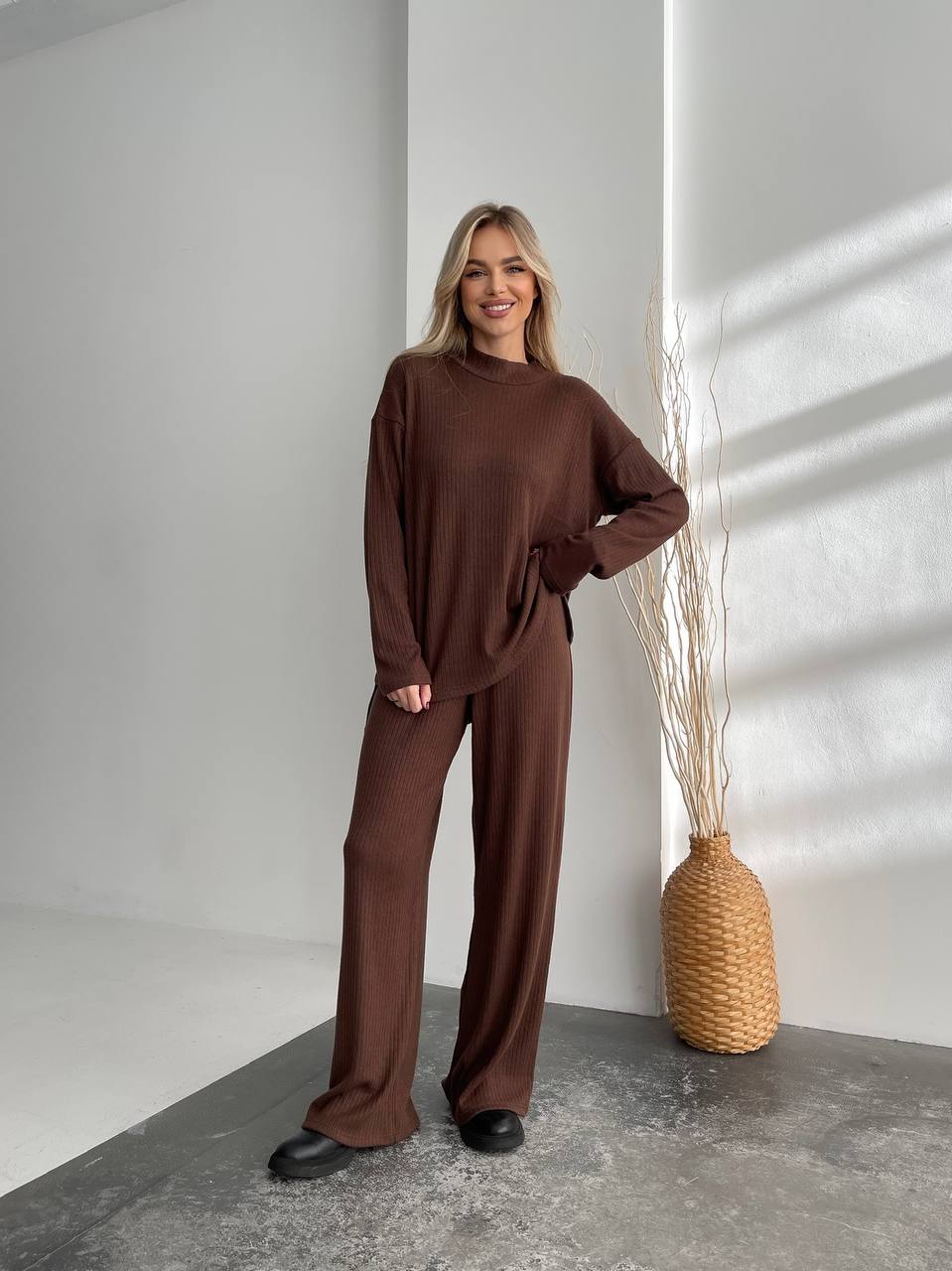 Brown Ribbed Angora Sweater and Pants Set