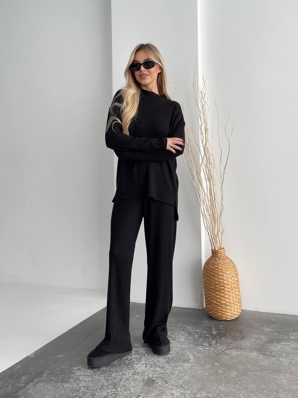 Black Ribbed Angora Knit Set Womens Pullover and Pants