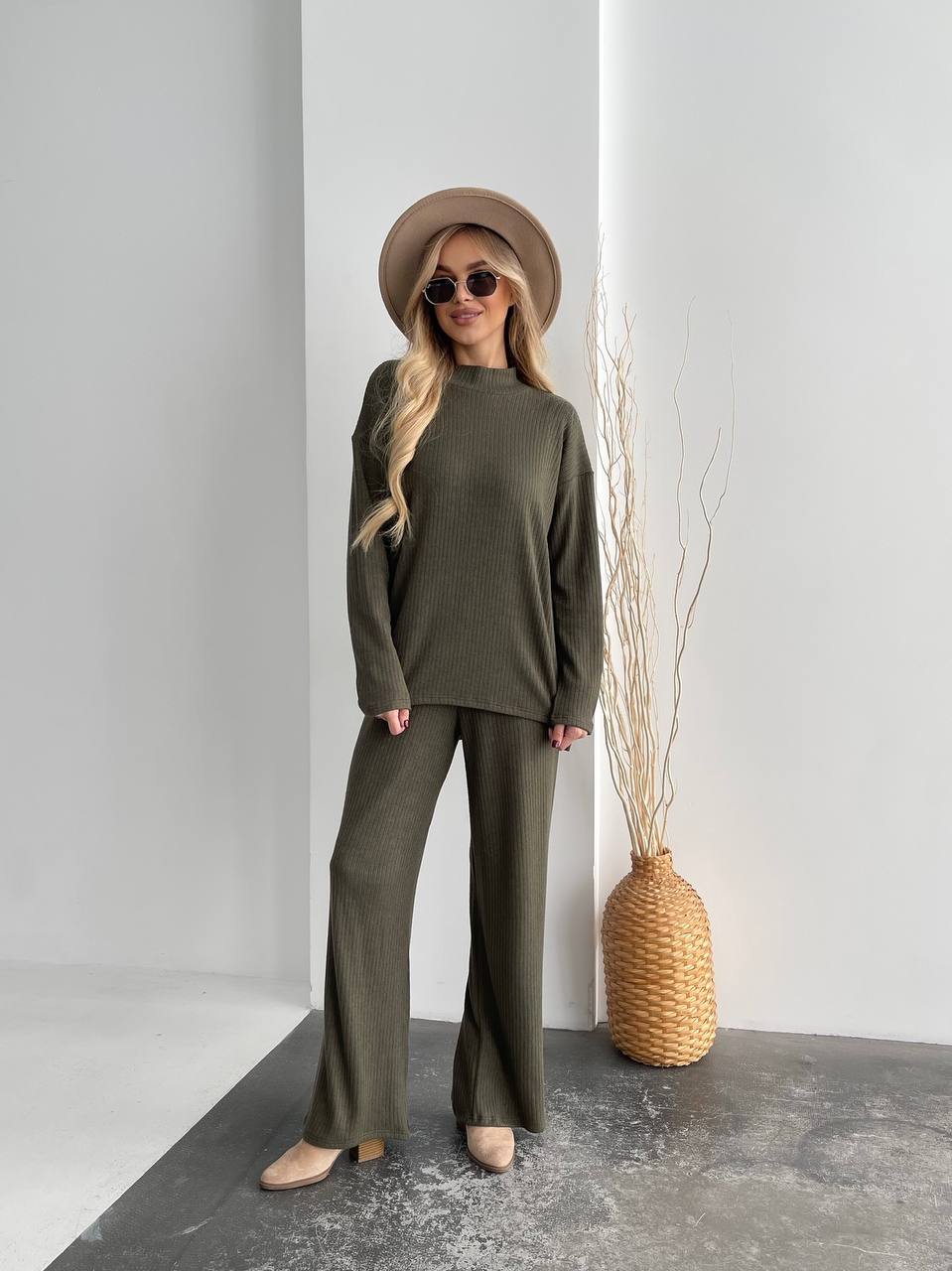 Olive Green Ribbed Angora Knit Two-Piece Set