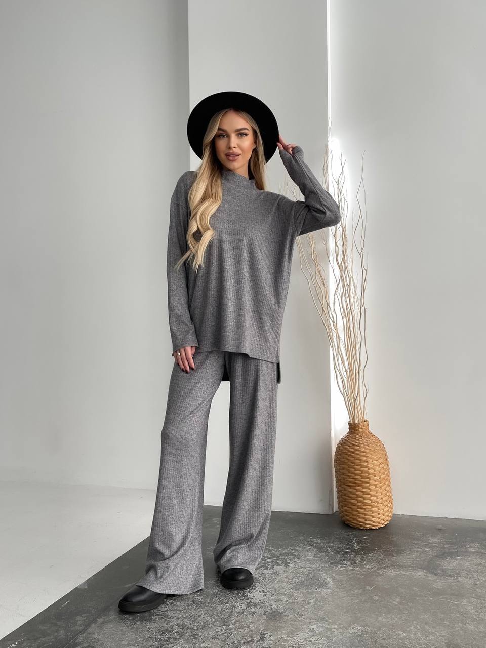 Gray Ribbed Angora Two-Piece Loungewear Set
