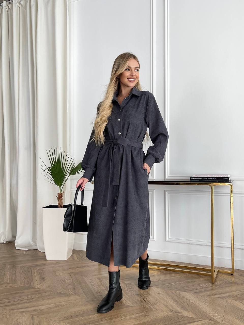 Women Long Sleeve Shirt Dress with Belt in Charcoal Microvelvet