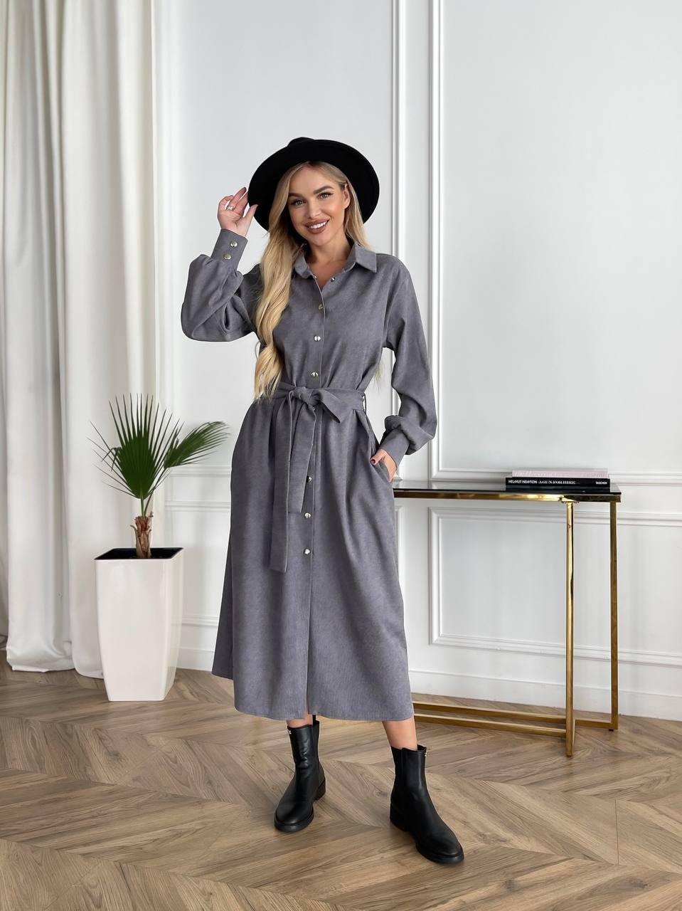 Grey Microvelvet Shirt Dress with Belt and Buttons