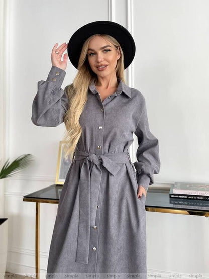 Grey Microvelvet Shirt Dress with Belt and Buttons
