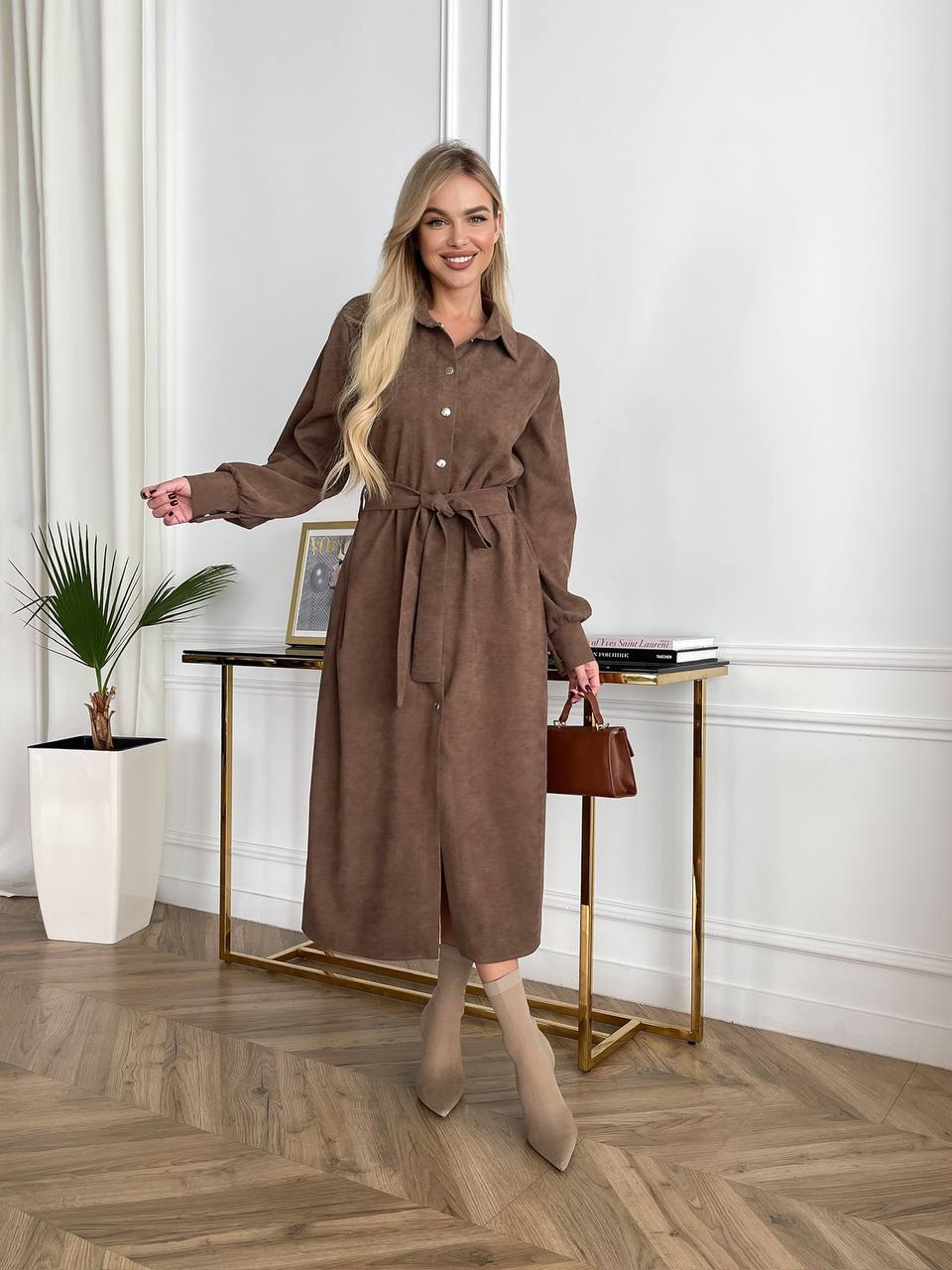 Brown Microvelvet Midi Shirt Dress with Waist Tie
