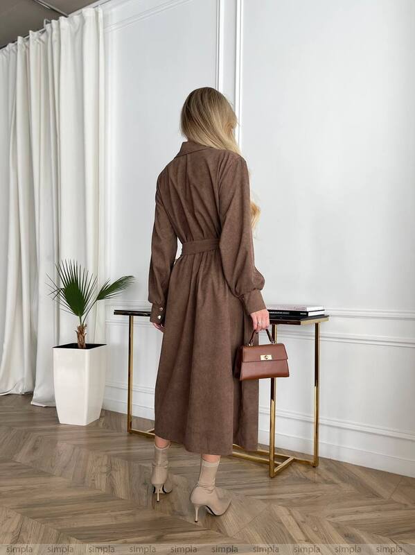 Brown Microvelvet Midi Shirt Dress with Waist Tie