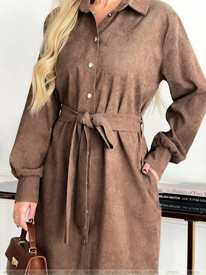 Brown Microvelvet Midi Shirt Dress with Waist Tie