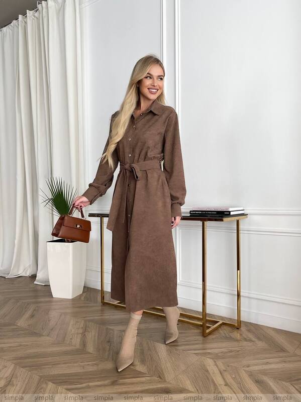 Brown Microvelvet Midi Shirt Dress with Waist Tie