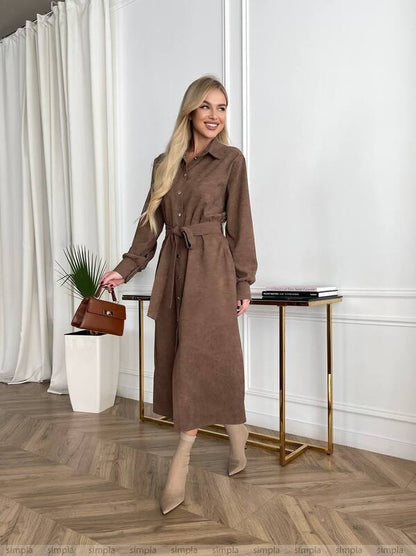 Brown Microvelvet Midi Shirt Dress with Waist Tie
