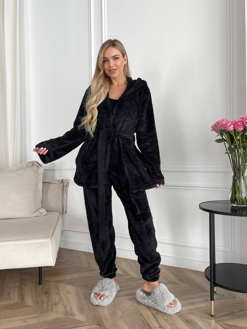 Black Three-Piece Home Suit for Women Soft Turkish Double-Sided Terry Fabric
