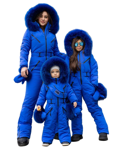 Electric Blue Women And Kids Ski Jumpsuit with Belt Mittens and Bag Insulated Winter Snow Suit