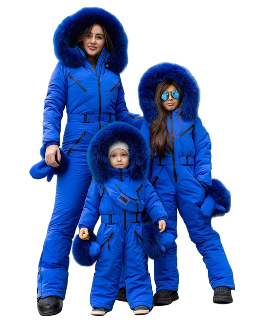 Electric Blue Women And Kids Ski Jumpsuit with Belt Mittens and Bag Insulated Winter Snow Suit