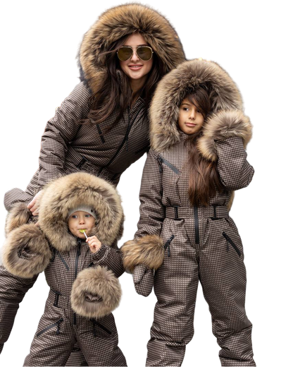 Three individuals wearing matching brown winter suits with fur hoods on a white background