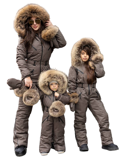 Beige Chocolate Houndstooth Women And Kids Ski Jumpsuit with Bag Mittens and Suspenders Insulated Winter Snow Suit