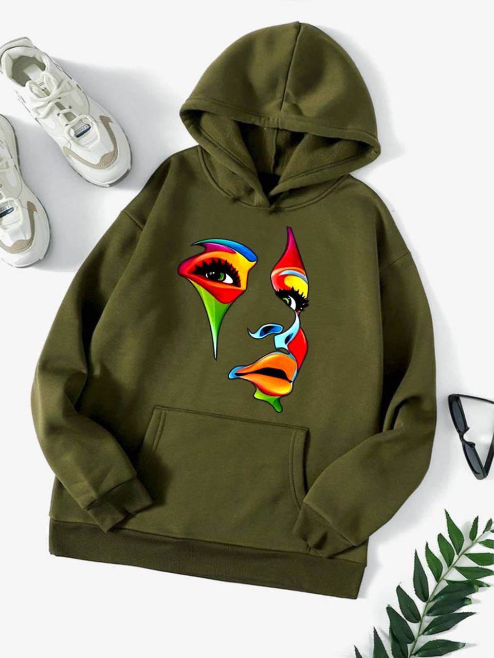 Classic Warm Hoodie with Colorful Abstract Face Print