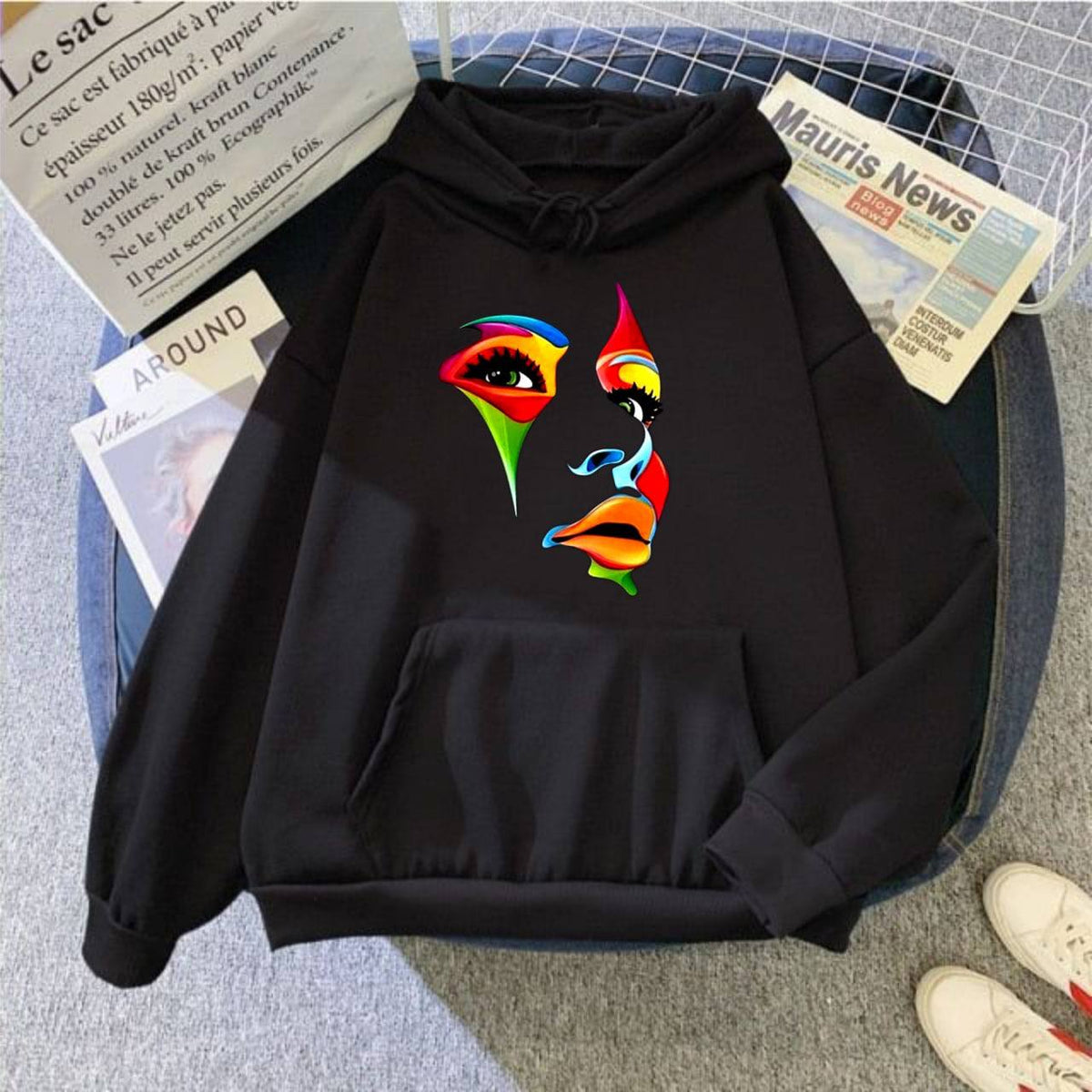 Classic Warm Hoodie with Colorful Artistic Face Print