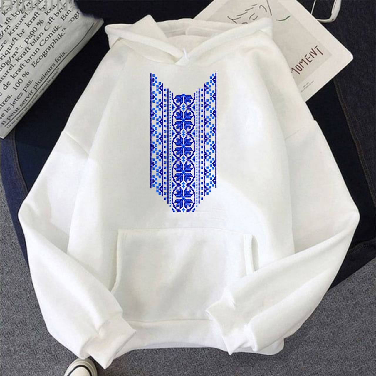 Classic Warm Hoodie with Blue Ethnic Print on White