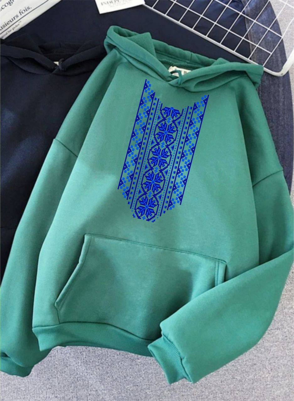 Classic Warm Hoodie with Blue Pattern Print