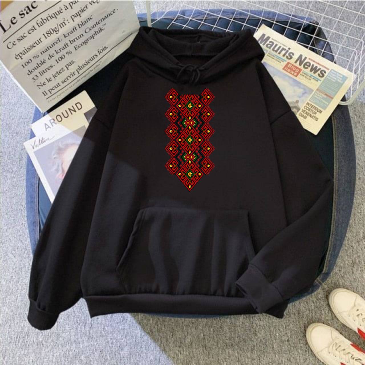 Classic Warm Hoodie with Traditional Embroidery Print