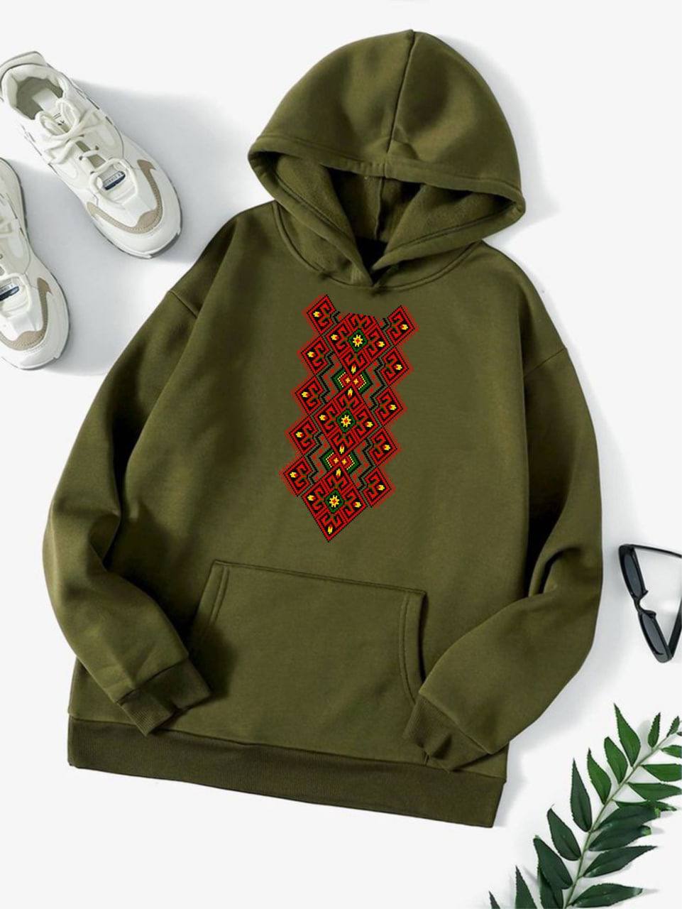 Classic Warm Hoodie with Ethnic Print in Olive Green