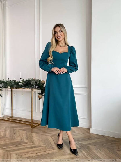 Elegant Teal Midi Dress with Puff Sleeves for Everyday and Special Occasions