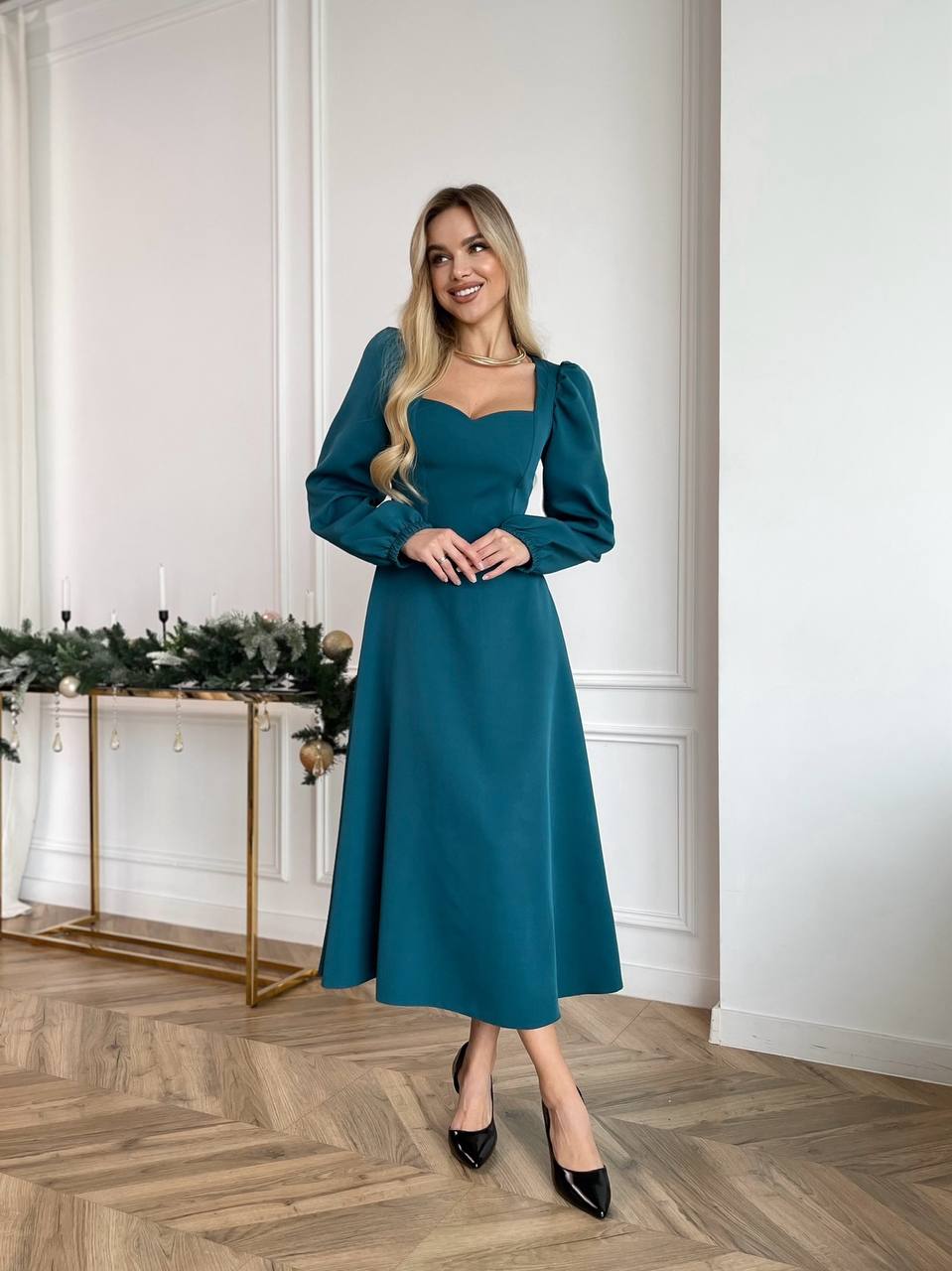 Elegant Teal Midi Dress with Puff Sleeves for Everyday and Special Occasions
