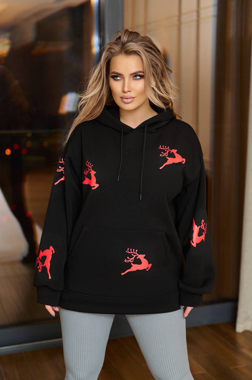Black Hoodie with Red Reindeer Print Soft Fleece Pullover