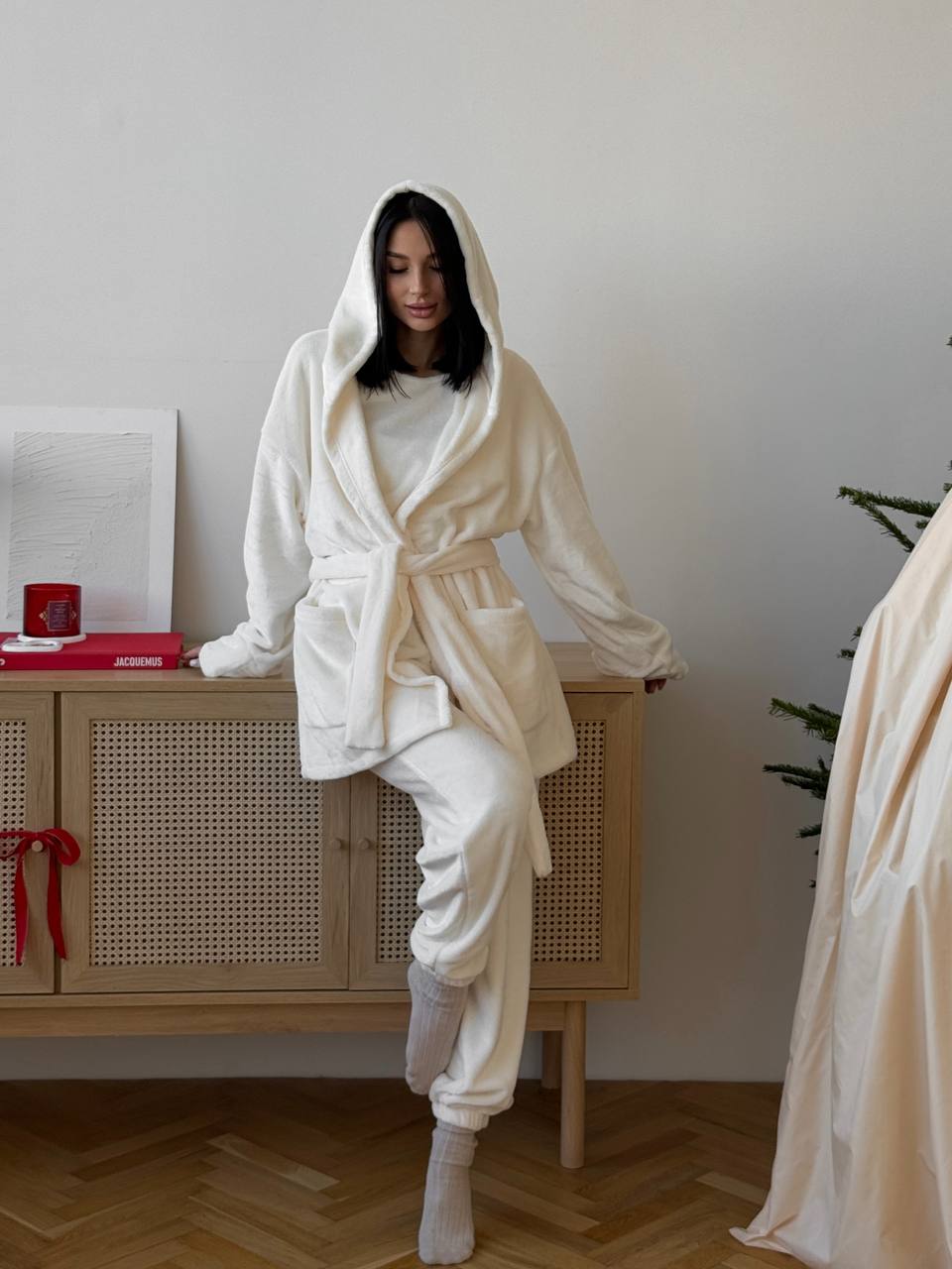 Warm Three-Piece Home Suit Set with Hooded Robe