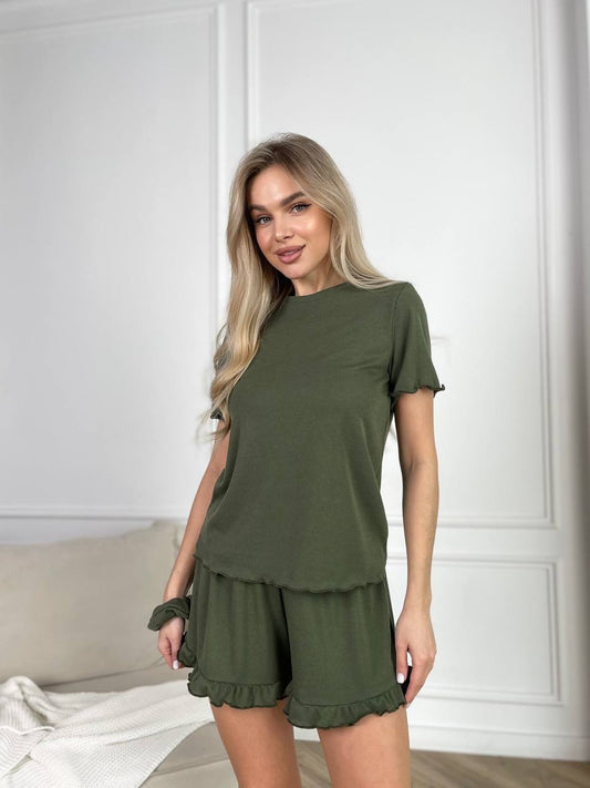 Women Home Set T-Shirt and Shorts Soft Ribbed Knit Fabric