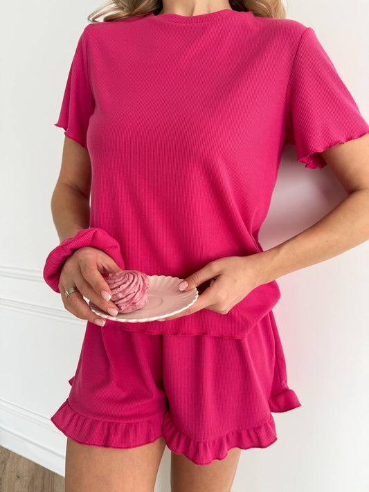 Comfortable Pink Ribbed Knit Home Set T Shirt and Shorts