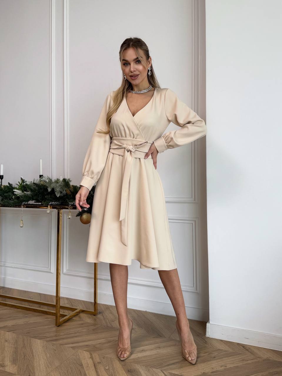 Elegant Beige Dress for All Occasions with Belted Waist and Long Sleeves