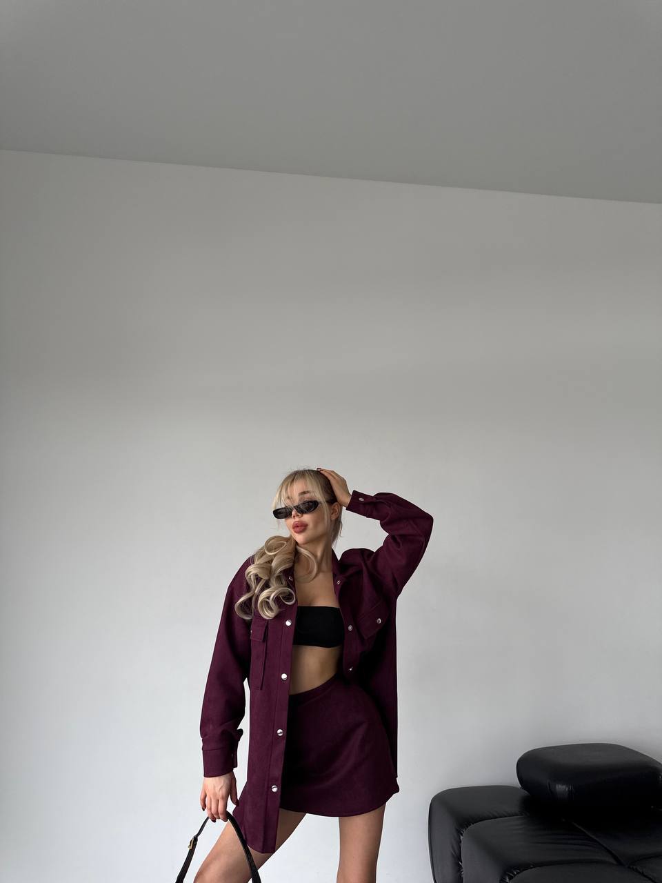 Stylish Two-Piece Set Skirt-Shorts and Shirt in Burgundy Suede
