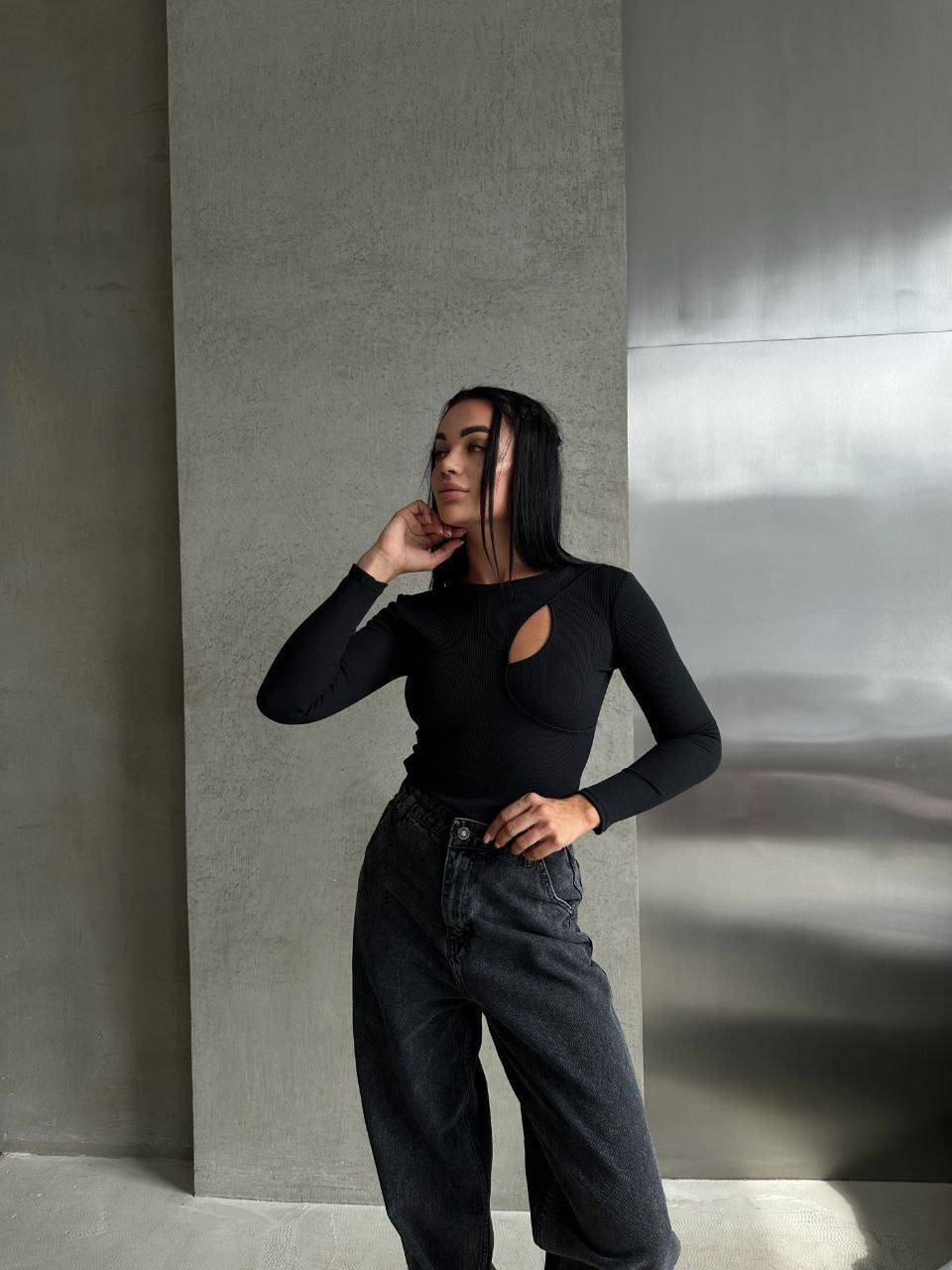 Black Ribbed Long Sleeve Bodysuit with Unique Cutout