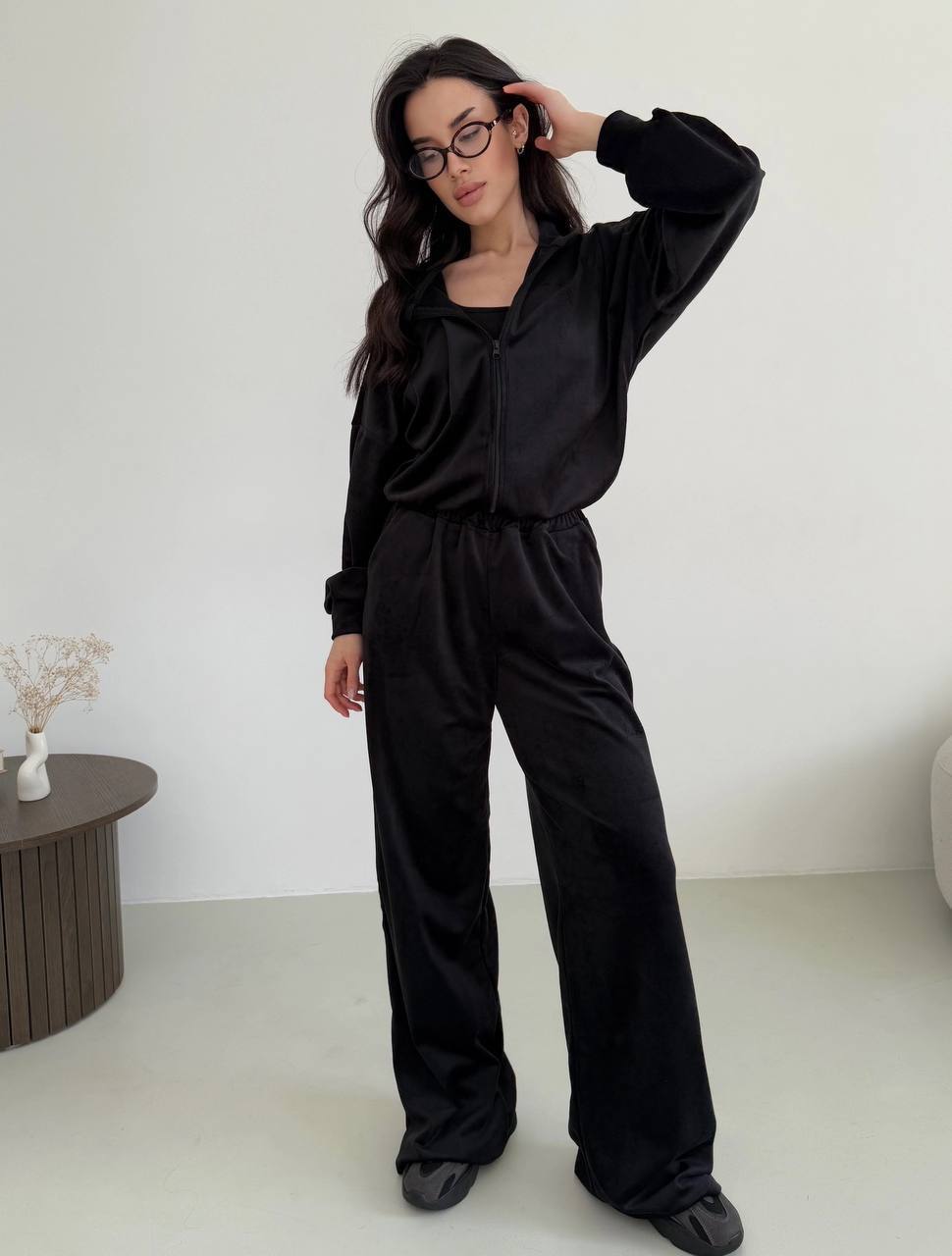 Black Velour Tracksuit for Women Autumn Casual Wear