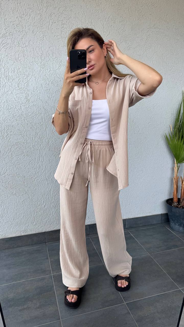 Beige Muslin Loose Fit Pants and Button-Up Shirt Set