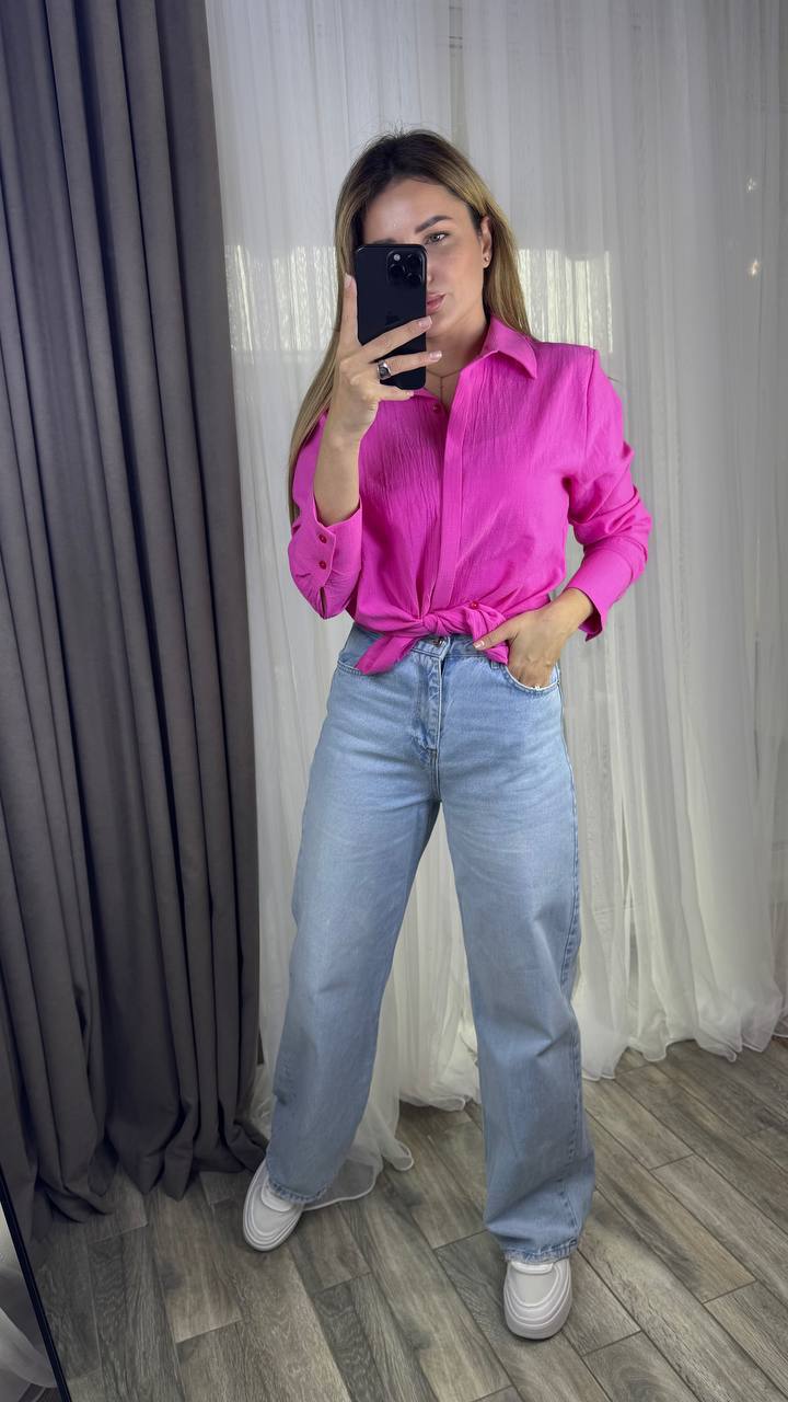 Pink Linen Cotton Long Sleeve Shirt with Wide Cuffs