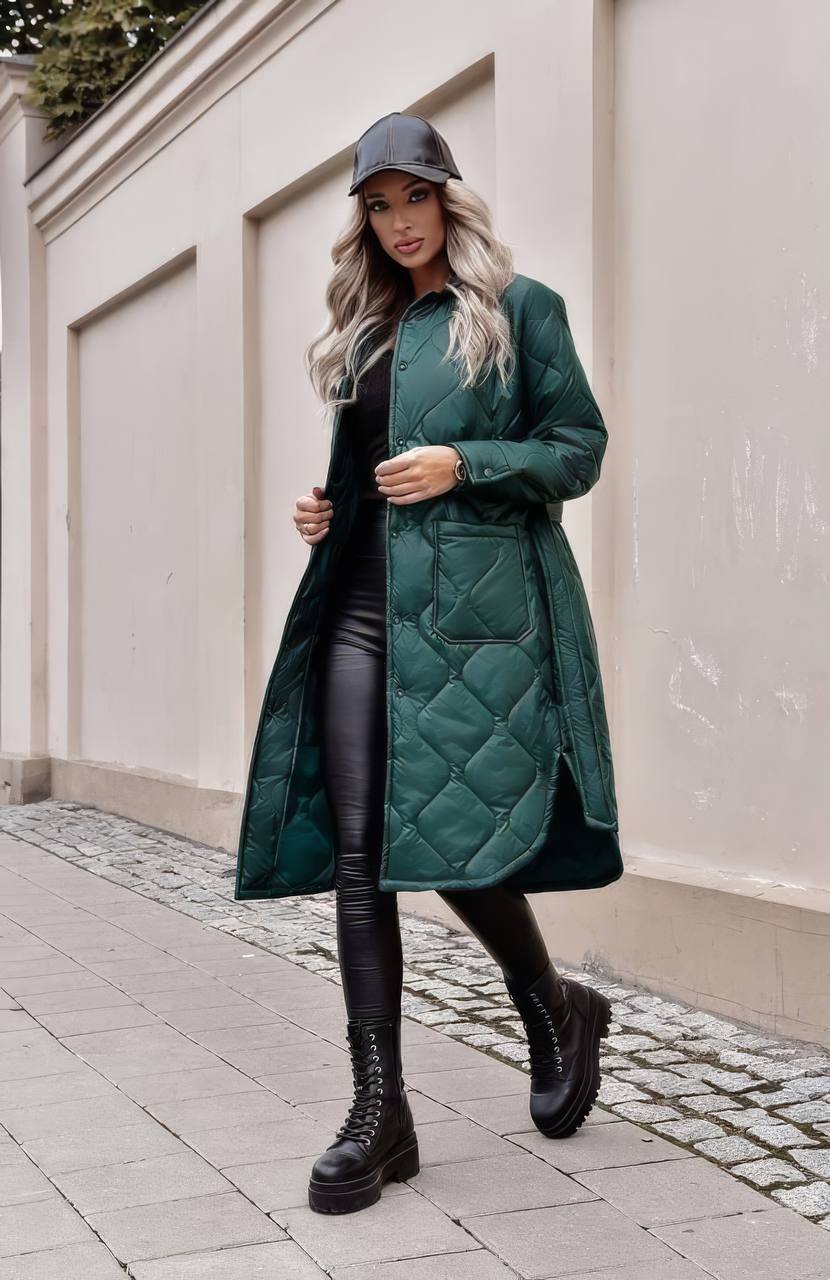 Womens Long Quilted Green Jacket Windproof Water Resistant Button Closure