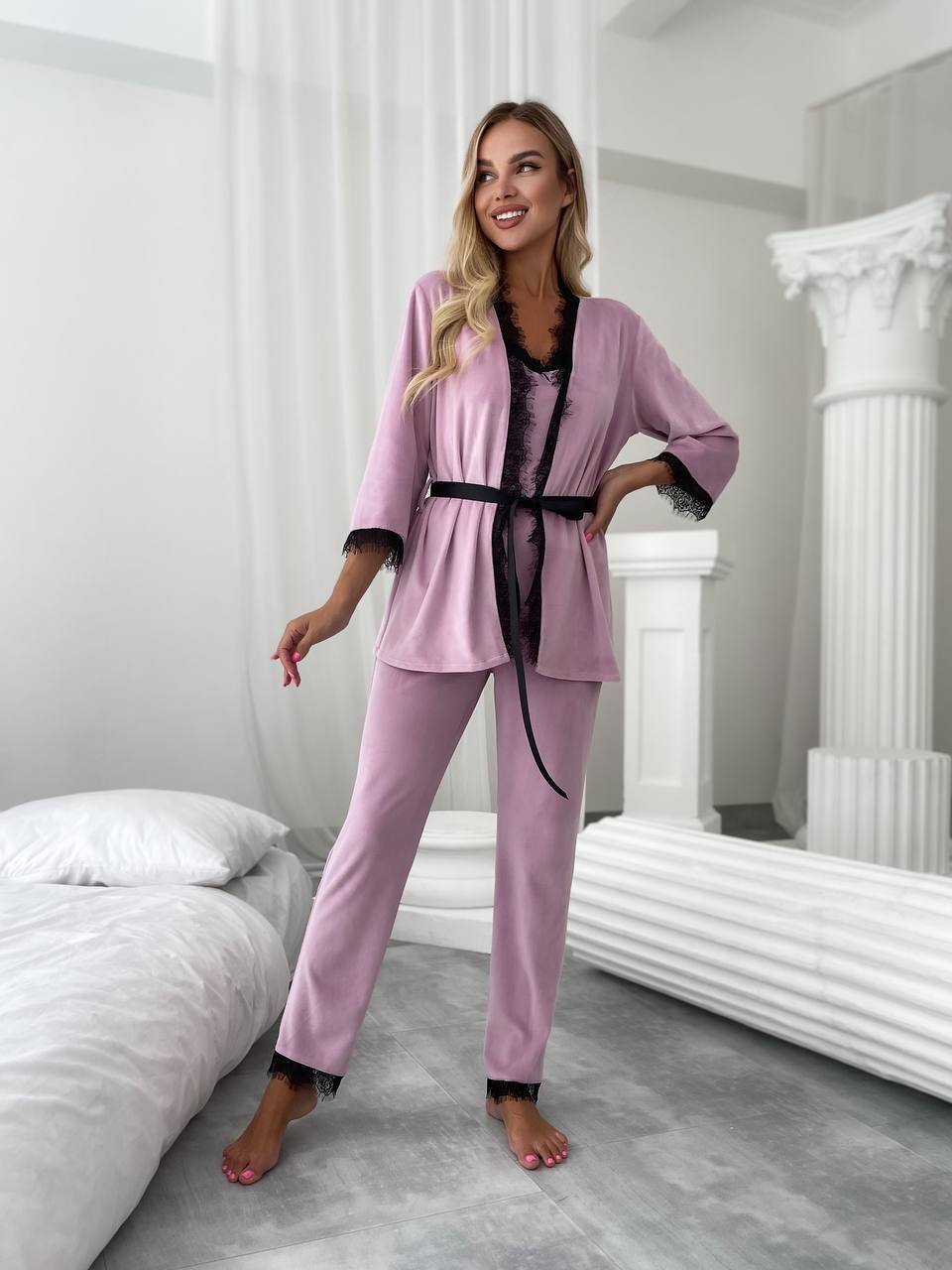 Womens Three Piece Velour Loungewear Set Pink with Black Lace Trim